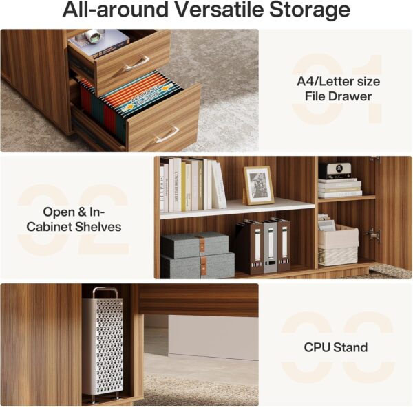 Tribesigns 85.8-Inch L-Shaped Executive Desk with File Drawers, Door Cabinet & Shelves, Extra Large Commercial Office Desk, Modern Professional Office Table, White & Brown Business Furniture