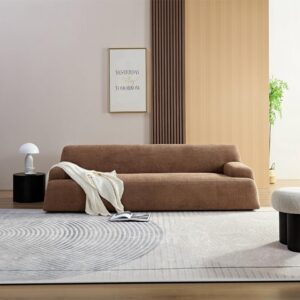 90" Modern Teddy Sofa Couch, 3-Seater Upholstery Boucle Sofa, Deep Seat Monoblock Sofas Luxury Minimalist Couch with Square Wide Arm Comfy for Living Room, Bedroom, Office (Camel)