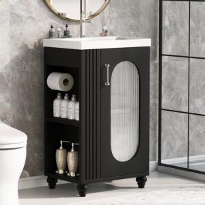 20-inch Bathroom Vanity with Sink, Free Standing Bathroom Vanity Cabinet with Two-Tier Shelf and Glass Door, Wooden Bathroom Set Organizer with Single Ceramic Sink for Bathroom, Black
