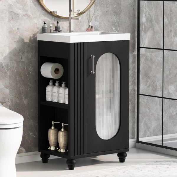 20-inch Bathroom Vanity with Sink, Free Standing Bathroom Vanity Cabinet with Two-Tier Shelf and Glass Door, Wooden Bathroom Set Organizer with Single Ceramic Sink for Bathroom, Black