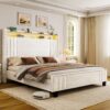Queen Bed Frame with Tall Headboard & LED Light,Velvet Upholstered Bed Frame with Storage Headboard & Charging Station,Tufted Platform Bed Frame,No Box Spring Needed,Cream
