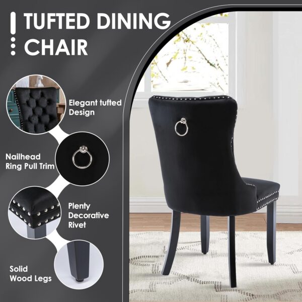 Modern Black Luxury Round Glass Dining Set for 4, 5 Pcs Large Minimalist Circle Kitchen Table Set, 47'' Clear Circular Glass Top Dinner Room Set, Black High-end Tufted Chairs, for Home