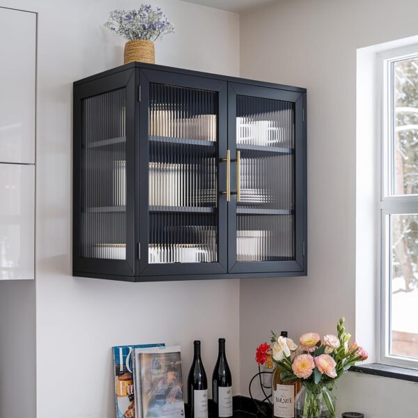 Black Glass Display Wall Storage Cabinet,Bathroom Wall Cabinet,Wall Mounted Cabinet, Floating Cabinet with Adjustable Shelves for Kitchen,Dining Room,Laundry