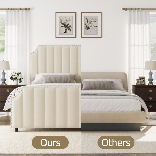 Queen Size Platform Bed Frame with 50.2" Headboard, Velvet Upholstered Bed Frame Queen with Vertical Channel Tufted Headboard & Footboard, Nailhead Trim, No Box Spring Needed, Cream