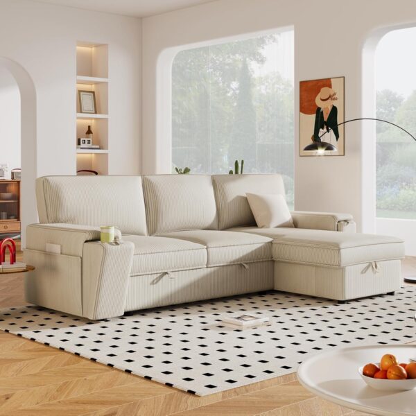 96" Convertible Sleeper Sofa Bed, Pull Out Sectional Sofa with Storage Chaise, Modern L-Shaped Corner Couch with Cup Holders & Pockets for Small Spaces, Apartment, Living Room, Beige