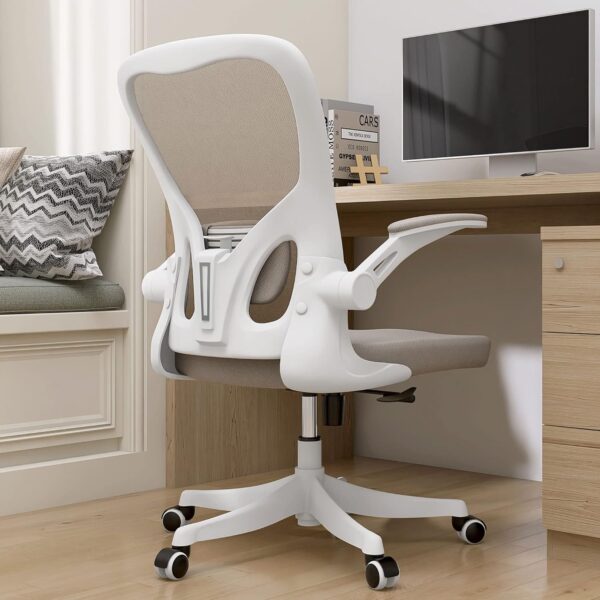 Monhey Desk Computer Chairs - Ergonomic with Lumbar Support & Flip-up Arms Home Office Height Adjustable High Back Rockable Swivel 360° Warm Taupe Mesh Study Chair