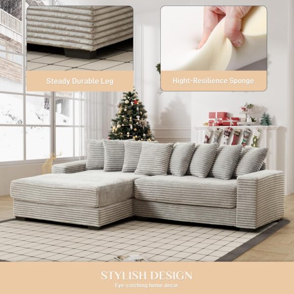 Comfy L Shaped Sectional Couches for Living Room, 111" Oversized Modular Sectional Sofa with Chaise, Modern Fluffy Plush Corduroy Couch Sctional Sofa 2 Piece (Left Facing, Grey)