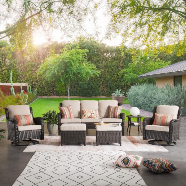 ovios 6-Pieces Patio Furniture Set with Swivel Chairs, Outdoor Wicker Sofa Couch Gliders Rocker Comfy Cushions, Modern High Back Conversation Set, Brown Rattan, Beige