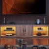 Bestier 70 Inch Gaming Entertainment Center with Adjustable Glass Shelves for 75 inch TV, Large Led TV Stand with Storage Cabinet, Modern Television Stand for Living Room, Bedroom, Pinewood