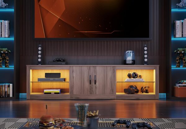 Bestier 70 Inch Gaming Entertainment Center with Adjustable Glass Shelves for 75 inch TV, Large Led TV Stand with Storage Cabinet, Modern Television Stand for Living Room, Bedroom, Pinewood