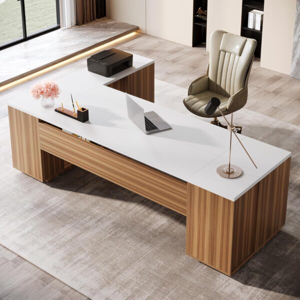 Tribesigns 85.8-Inch L-Shaped Executive Office Desk with File Drawers & Storage Cabinet, Professional Corner Computer Desk Extra Large Business Workstation with Adjustable Shelves (White&Walnut)