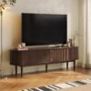 LINSY HOME Fluted TV Stand for 75" TV, Mid-Century Modern 70" Entertainment Center with Sliding Tambour Door and Storage Cabinet, Cruved TV Media Console Table for Living Room, Bedroom, Walnut