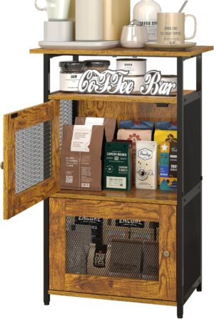 Coffee Station Cabinet with 2-Door, 4-Tier Coffee Table with Storage, 18.89" Farmhouse Kitchen Furniture, Coffee Bar Cabinet for Living Room/Entryway/Bedroom, Rustic Brown