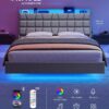 VASAGLE Queen Size Floating Bed Frame with LED Lights, Queen Bed Frame with Charging Station, Tufted Storage Headboard, Upholstered Platform Bed Frame, No Box Spring Needed, Light Gray URMB851G01