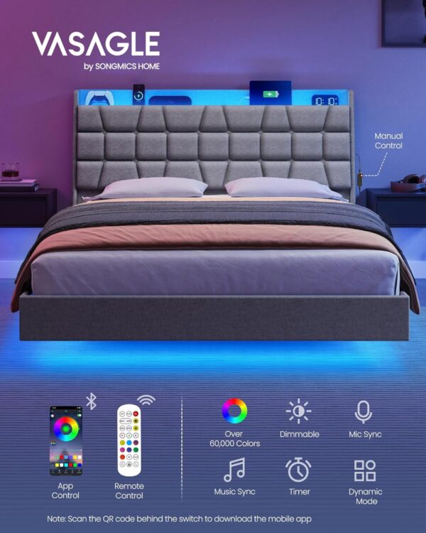 VASAGLE Queen Size Floating Bed Frame with LED Lights, Queen Bed Frame with Charging Station, Tufted Storage Headboard, Upholstered Platform Bed Frame, No Box Spring Needed, Light Gray URMB851G01
