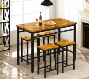 AWQM Bar Table and Chairs Set Industrial Counter Height Pub Table with 4 Chairs Bar Table Set 5 Pieces Dining Table Set Home Kitchen Breakfast Table, Black and Rustic Brown