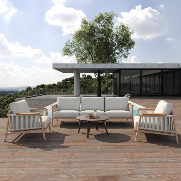 Acanva Modern All-Weather Aluminum Outdoor Patio Sofa with Thick Cushions, Olefin Fabric Sunroom Backyard Furniture, Light Khaki, Loveseat