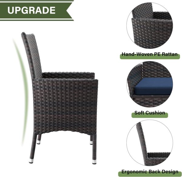 Kurapika 5-Piece Patio Furniture Outdoor Dining Set, Wicker Rattan Patio Dining Table and Chairs Set, Square Tempered Glass Tabletop with 4 Chair Set and Umbrella Hole, for Patio, Backyard, Navy Blue
