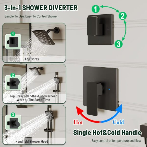 81m3srq9DEL._AC_SL1500_.jpg Black Shower Faucet Set - High Pressure Shower Head and Handheld Shower System, Wall Mounted 6 Inches Rain Shower Head with Slide Bar Shower Fixtures (Valve and Trim Kit Included), Matte Black