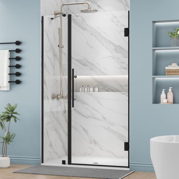DELAVIN 40" W x 72" H Frameless Glass Shower Door, Hinged Single Swing Shower Door with Stainless Steel Hinges and Handle, Matte Black Shower Doors can be Installed Left and Right, Magnetic Closing