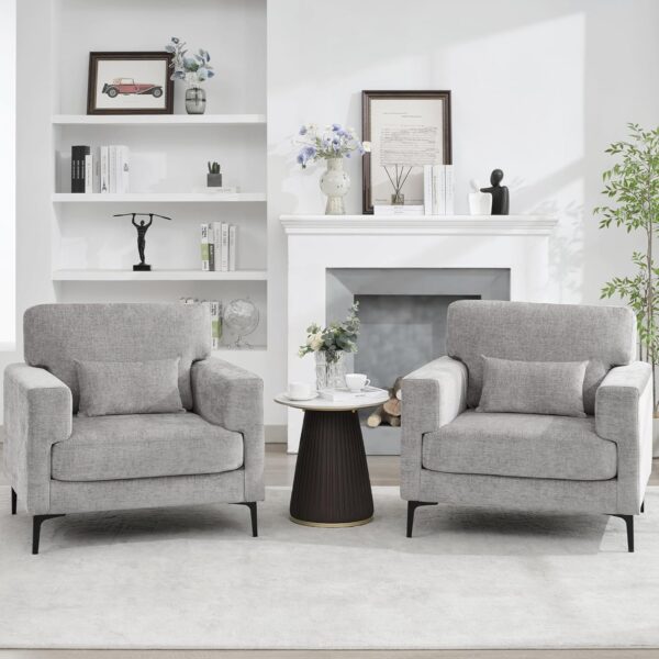 Oversized Accent Chairset of 2 with Metal Legs,Comfy Chenille Armchair and a Half,Modern Century Single Sofa Extra Large Reading Club Chair for Bedroom,Living Room,Apartment,Light Grey