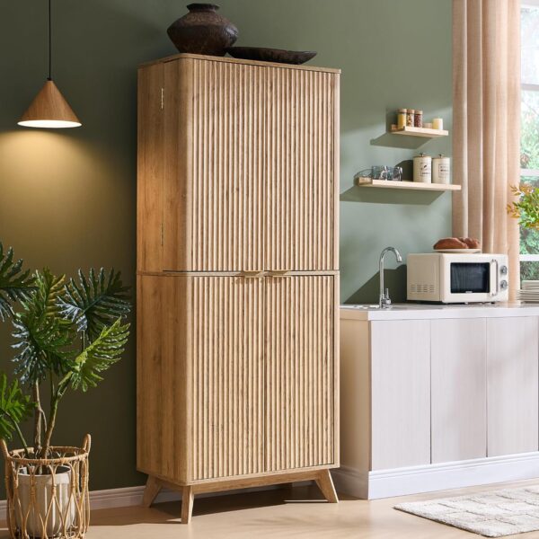 T4TREAM 72" Tall Fluted Pantry Storage Cabinet with Adjustable Shelves & Door Racks, Curved Profile Design, Spacious Dual-Zone Wood Organizer for Kitchen, Living Room, Natural Oak