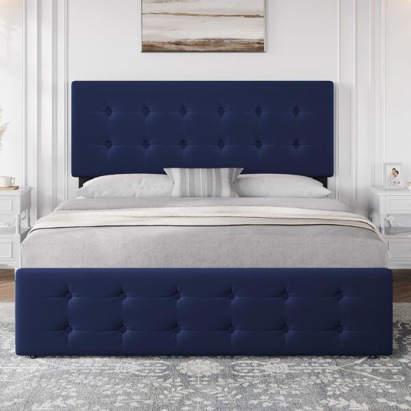 IDEALHOUSE Queen Size Bed Frame with 4 Storage Drawers and Headboard, Velvet Upholstered Platform Bed Frame with Wooden Slats Support, Button Tufted Design, No Box Spring Needed, Blue