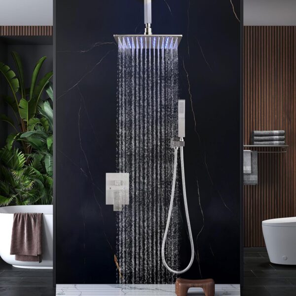 Aolemi Ceiling Mount Shower Faucet Set with Handheld Spray High Pressure Shower Faucets Sets Complete Rough-in Valve and Shower Trim Kit System Included Rainfall Brushed Nickel 16 Inch LED Shower Head