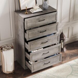 Fameill Dresser for Bedroom, 5 Drawer Tall Dresser Organizer with Charging Station, TV Stand for Livingroom, Chest of Drawers with Metal Handles, Ash Grey