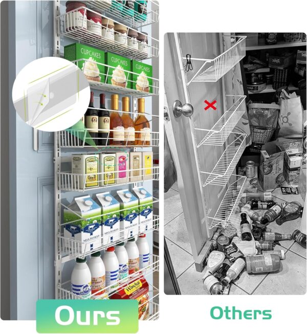Over The Door Pantry Organizer, Wall Mount Spice Rack, Pantry Hanging Storage and Organization, 8 Adjustable Baskets Heavy-Duty Metal for Home & Kitchen, Back of Door Seasoning Rack - White