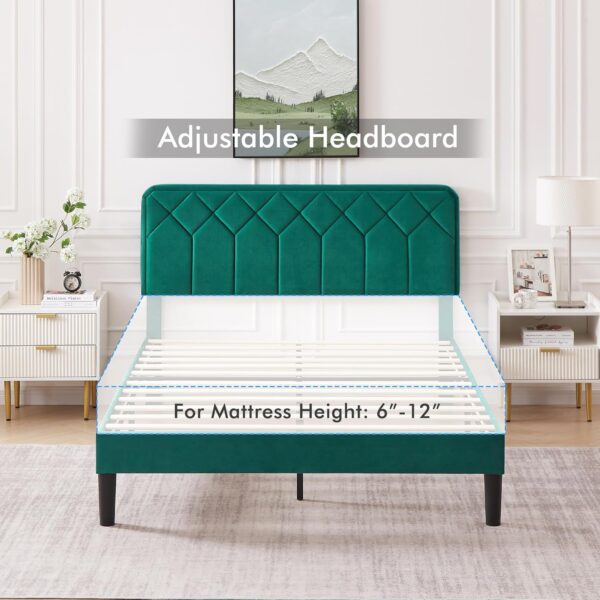 VECELO Queen Size Bed Frame Premium Velvet Upholstered Platform with Height Adjustable Headboard/Mattress Foundation, Solid Wooden Slat Support, No Box Spring Needed/Easy Assembly