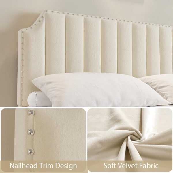 Queen Size Velvet Bed Frame, 50.2" Tall Headboard & Footboard, Upholstered Platform Queen Bed Frame with Nailhead Trim, No Box Spring Needed, Noise Free, Solid Wooden Slats, Beige