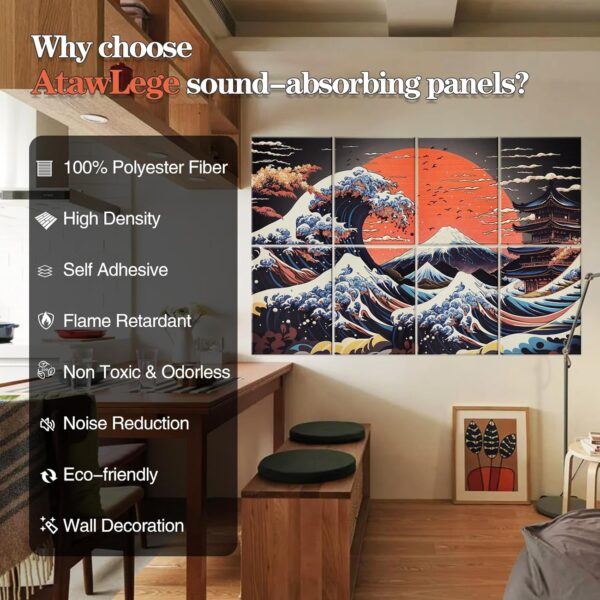 8 Pcs Art Acoustic Wall Panels, 48"X32" Self-adhesive Soundproof Wall Panels, High-Density Sound Absorbing Panel, Acoustic Treatment for Recording Studio, Home, Office (Mount Fuji Sunset）