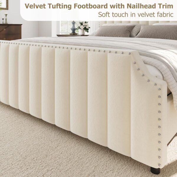 Queen Size Platform Bed Frame with 50.2" Headboard, Velvet Upholstered Bed Frame Queen with Vertical Channel Tufted Headboard & Footboard, Nailhead Trim, No Box Spring Needed, Cream