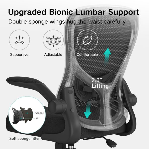 Hbada Office Chair Ergonomic Desk Chair, Office Chairs with PU Silent Wheels, Breathable Mesh Computer Chair with Adjustable Lumbar Support, Flip-up Armrests, Tilt Function, Black