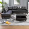 L Shaped Sectional Couches, Convertible Lounge Leather Couch with Reversible Cup Holder, Nail-Head Design Modern Modular Sectional Sofa for Living Room Furniture Sets, Black A