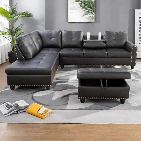 L Shaped Sectional Couches, Convertible Lounge Leather Couch with Reversible Cup Holder, Nail-Head Design Modern Modular Sectional Sofa for Living Room Furniture Sets, Black A