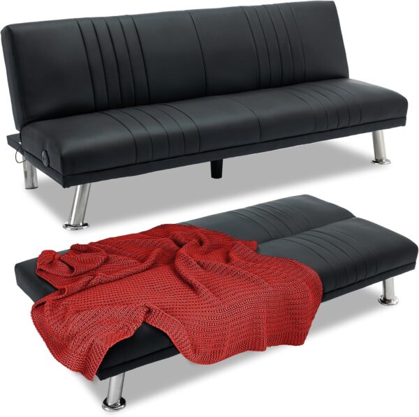 VECELO Modern Couch Bed, Convertible Sofa Bed/Folding Sleeper Couches Faux Leather Futon for Living Room, Futon Sofa Bed, Jet Black
