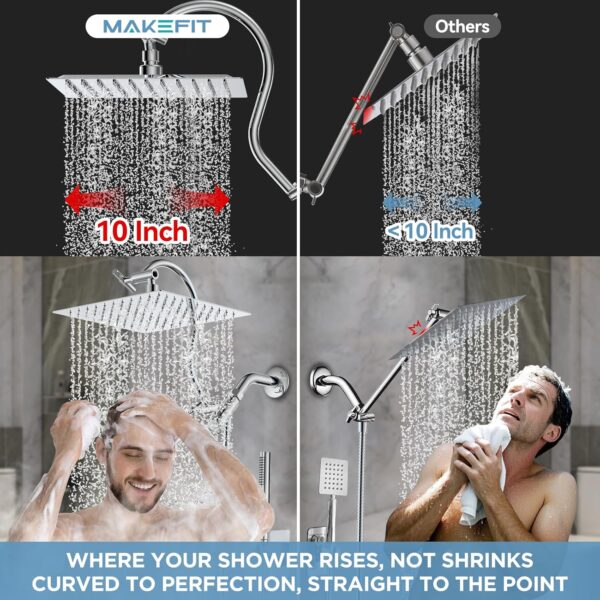 All Metal Dual Shower Heads Combo with Curved Extension Arm, 10" Rain Shower Head with Handheld Spray, Square Adjustable Rainfall Showerhead System, 71" Extra Long Shower Hose, Chrome