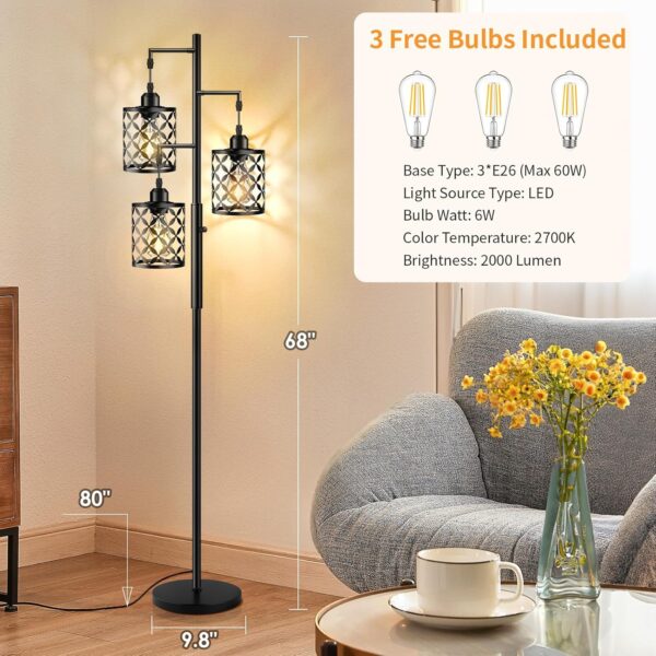 68" Dimmable Floor Lamp, Farmhouse Standing Lamp with Elegant Metal Cage, Industrial Tall Tree Floor Lamps for Living Room, Bedroom, Study Room, Office (2000LM LED Bulbs Included) - Black