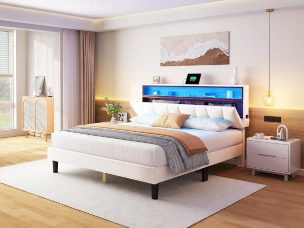 YITAHOME Queen Size Bed Frame with Storage, LED Bed Frame with Upholstered Velvet Headboard, Platform Bed with Outlet & USB Ports, No Box Spring Needed, Easy Assembly (Beige)