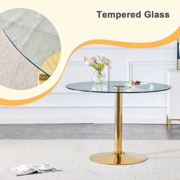Clear Round Glass Top Dining Table Set for 4, 35'' Modern Luxury Circle Dinner Room Set, 5 PCS Minimalist Tulip Circular Kitchen Table Set, White Boucle Chairs, for Small Apartment (Gold)