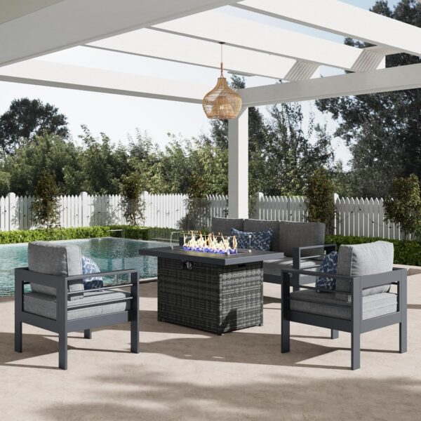 LayinSun Aluminum Furniture Set with Fire Pit Table, 4 Pieces Patio Sectional Conversation Chat Sofa Modern Seating Set