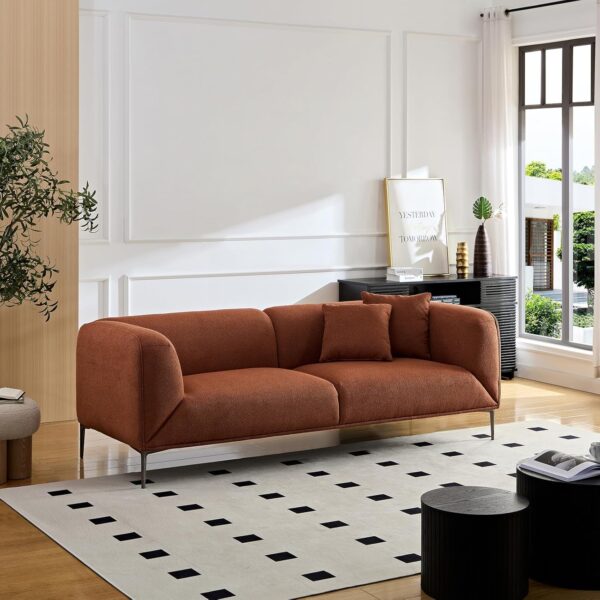 89" Modern Sofa Couch, Velvet Upholstered Sofas, 3-Seater Deep Seat Couchs, Comfy Fluffy Standard Couch with Straight Tuxedo Arm, Metal Legs, 2 Pillows for Living Room, Home Office (Orange)