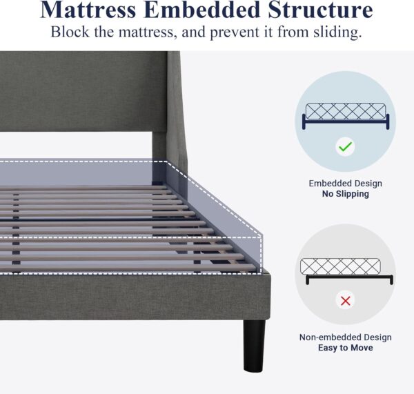 Allewie Platform Bed Frame Queen Size with Upholstered Headboard – Modern Deluxe Wingback Design, Wood Slat Support, Light Grey