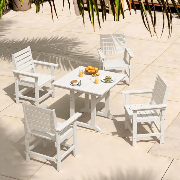 Patio Table and Chairs Set 5 Pieces, HDPE Weather Resistant Outdoor Dining Set, Square Outdoor Dining Table with 4 Patio Chairs, Patio Dining Set for Balcony, White