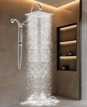 All Metal Dual Shower Heads Combo with Curved Extension Arm, 10" Rain Shower Head with Handheld Spray, Square Adjustable Rainfall Showerhead System, 71" Extra Long Shower Hose, Chrome