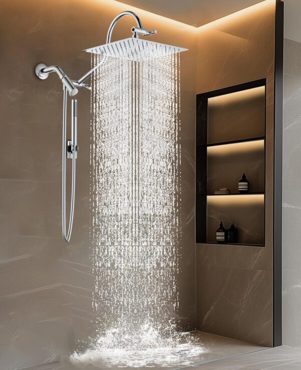 All Metal Dual Shower Heads Combo with Curved Extension Arm, 10" Rain Shower Head with Handheld Spray, Square Adjustable Rainfall Showerhead System, 71" Extra Long Shower Hose, Chrome