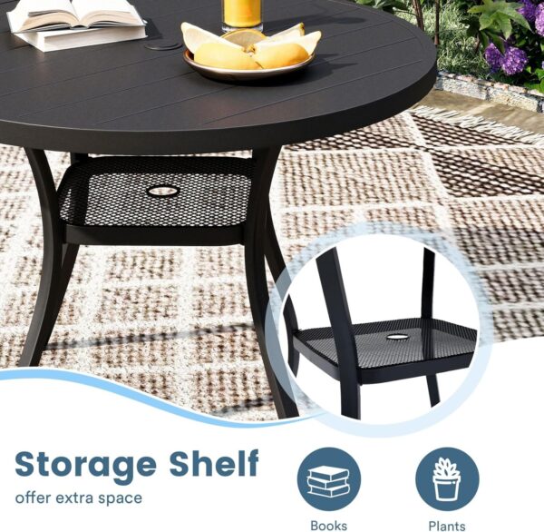 DIFY 5 Pieces Outdoor Dining Set, Patio Dining Furniture Set with 42" Black Round Dining Table with Metal Frame & 6 Blue Patio Swivel High Back Chairs for Garden, Porch, Deck and Lawn