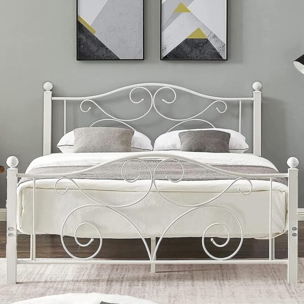 VECELO Queen Size Bed Frame with Headboard and Footboard, Heavy Duty Metal Slat Support, Platform Mattress Foundation, No Box Spring Needed, Easy Assembly, White